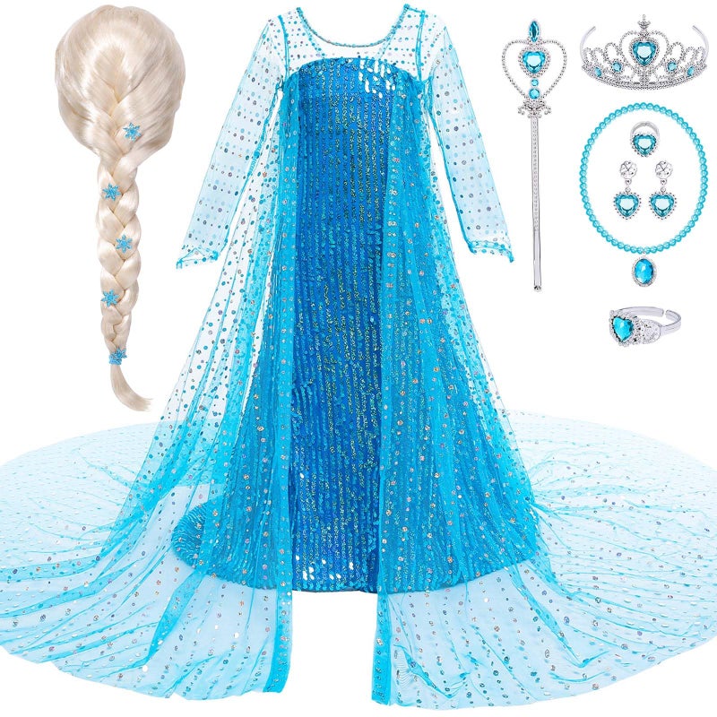 G.C Girls Elsa Frozen Dress Costume Princess Dress Up Clothes with Long Cape Kids Toddler Wig Crown Wand Jewelry Necklace Accessories Halloween Cosplay Birthday Party Supplies - Image 1
